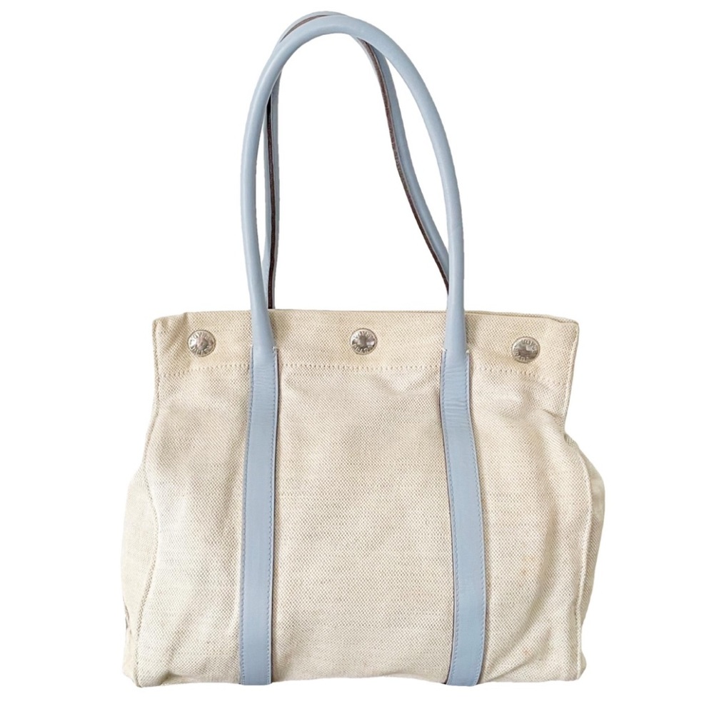 Prada natural canvas blue leather trim snap button tote bag